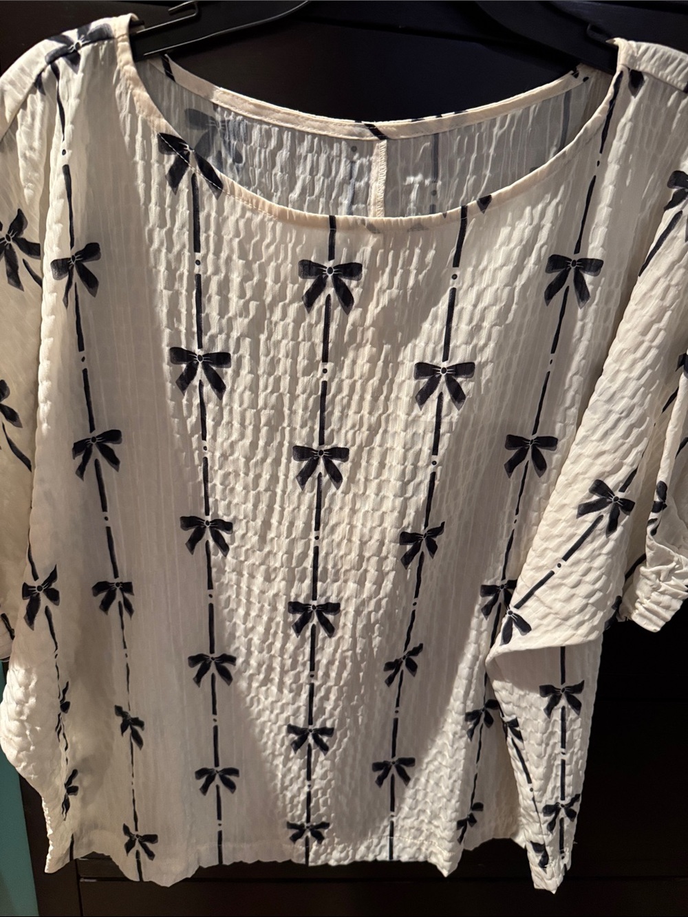 Women’s White Textured Top with Black Bow Print